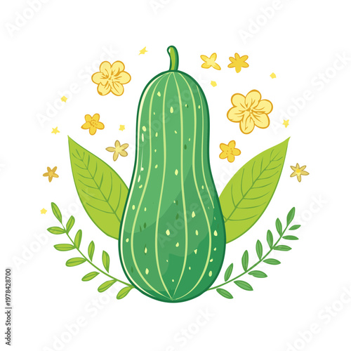 Stylized green squash surrounded by leaves and small yellow flowers in a simple illustration