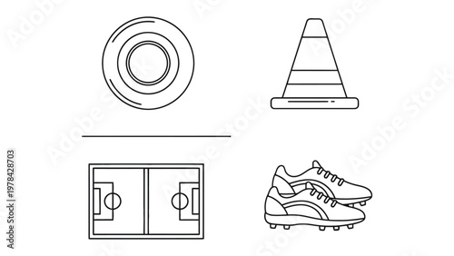 Sports essentials in outline: An abstract arrangement of four vital elements: a football, a traffic cone, a field, and a pair of footwear. Perfect for sports training themes