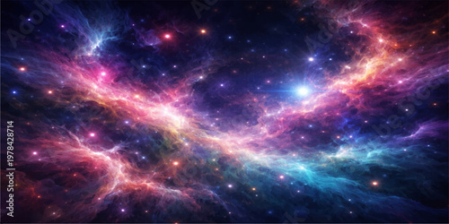 An ethereal nebula drifts through a deep cosmos where bright stars and a swirling galaxy illuminate the dark infinity of the outer universe in this science fiction fantasy illustration