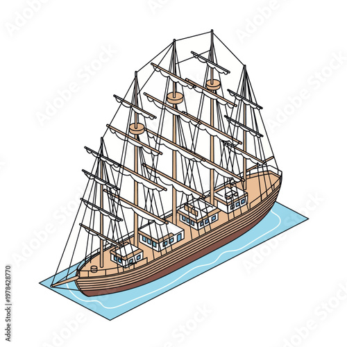 Vintage Sailing Ship with Multiple Masts.