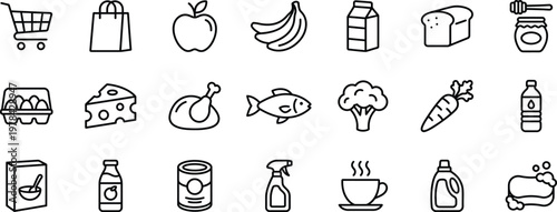 A collection of grocery shopping icons on a white background