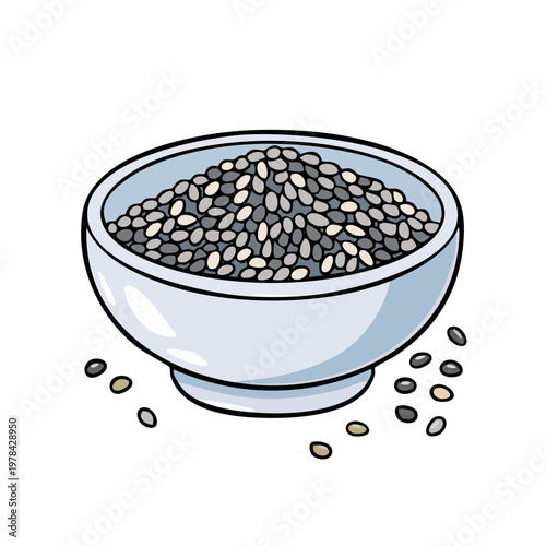 Illustration of a white bowl overflowing with tiny dark and light seeds scattered around