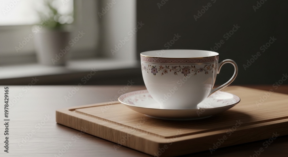 Obraz premium Elegant white teacup with floral design on a wooden board