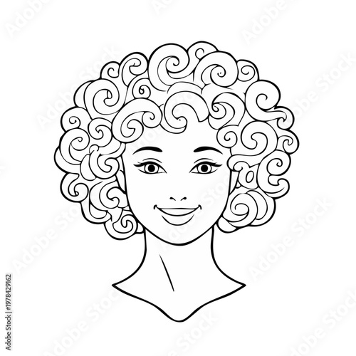 Line Art Portrait of a Woman with Voluminous Curly Hair and a Smiling Face