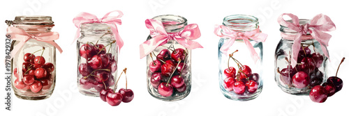 Watercolor still life of five glass jars filled with ripe red cherries, some tied with pink ribbons, evoking homemade preserves, summer harvest and rustic kitchen charm