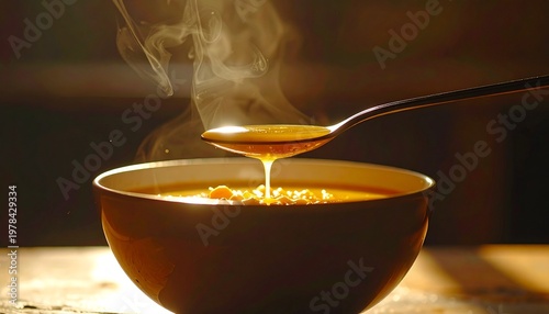 Warm and comforting soup being served with a spoon.