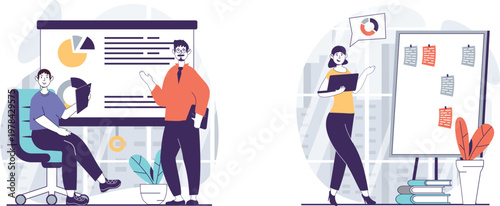 A woman demonstrating the benefits of a standing desk to a man in an office setting