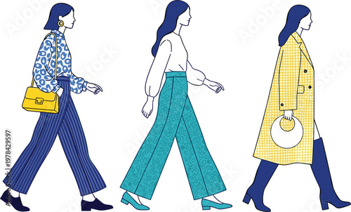 Set of flat vector illustrations featuring stylish women walking in trendy autumn outfits with handbags and coats for modern fashion design.