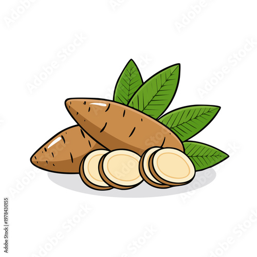 Whole and sliced cassava roots with green leaves, simple hand-drawn illustration