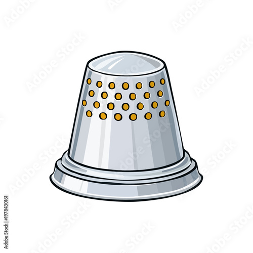 Illustration of a metallic thimble with perforated holes for sewing and tailoring
