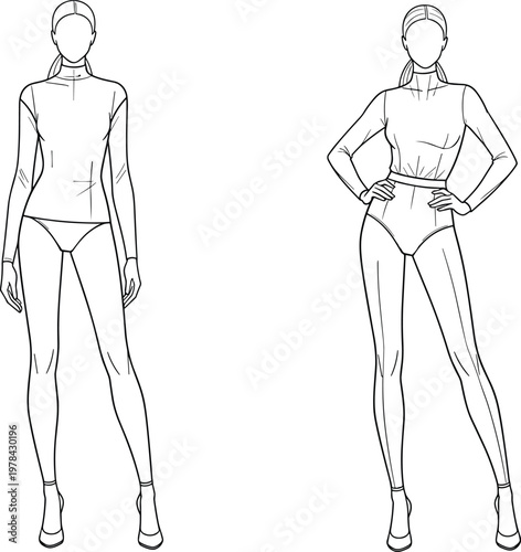 Female fashion model technical sketch in bodysuit and long sleeve top for apparel design development and garment tech pack vector illustration.