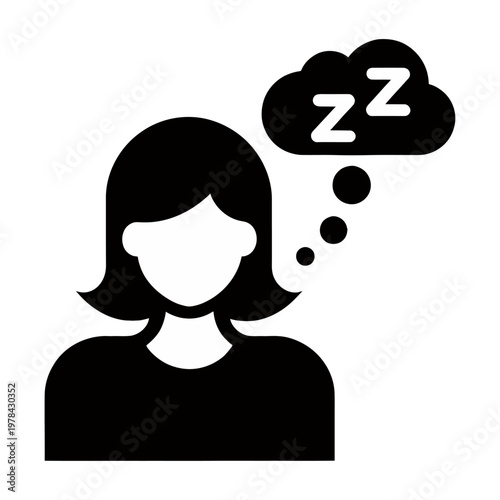 Vector icon of a woman thinking of sleep with a thought bubble