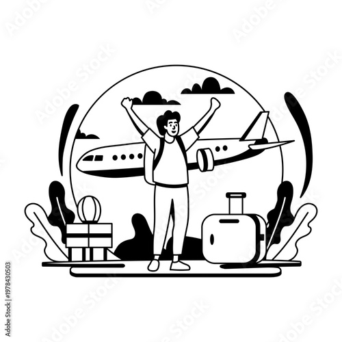 A glyph illustration shows a happy traveller with his luggage, ready to board a plane

