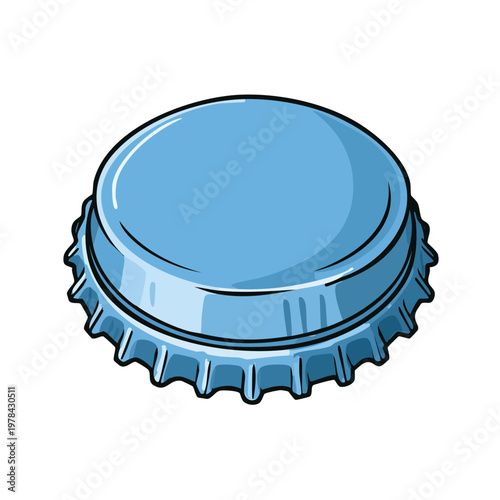 Close-up illustration of a light blue metal bottle cap viewed from a slightly elevated angle with sharp ridges.