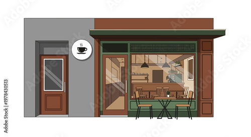 Exterior view of a cozy coffee shop with outdoor seating and warm interior lighting