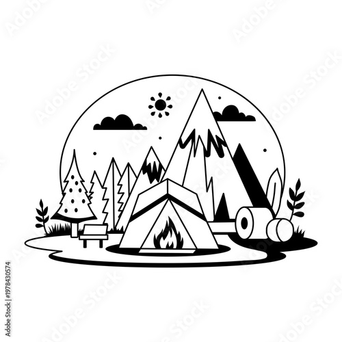 A glyph illustration depicting a camping scene with a tent, campfire, and a snowy landscape

