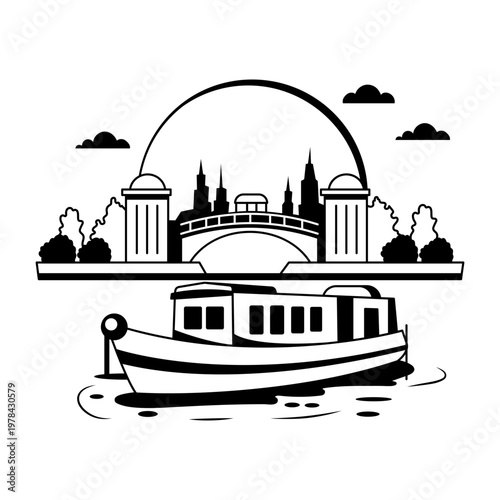 A glyph illustration shows a barge sailing on a river under a bridge in a cityscape

