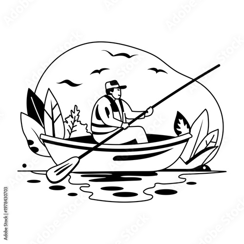 This glyph illustration shows a person enjoying a peaceful day out on a boat on a calm lake

