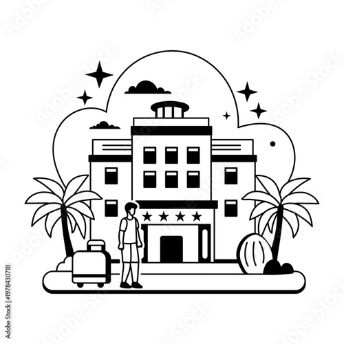 This glyph illustration shows a person with luggage checking into a luxurious hotel 

