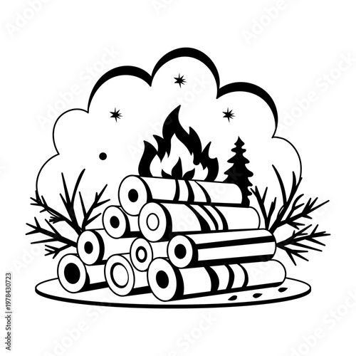 A glyph illustration shows a pile of firewood burning brightly in a snowy winter forest

