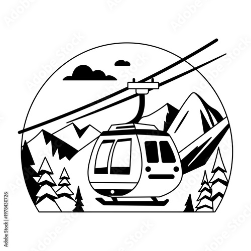 This glyph illustration shows a cable car moving through a snowy mountain landscape 

