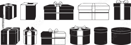 Black gift boxes, wrapped presents, ribbons, and bows, vector icons, 10 pieces