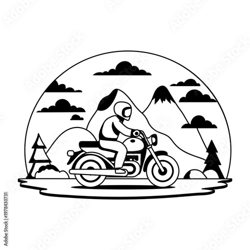 A glyph illustration shows a person riding a motorcycle through a scenic mountain landscape
