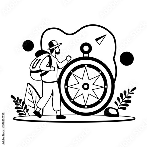 A glyph illustration shows a backpacker with a travel compass, symbolizing the journey

