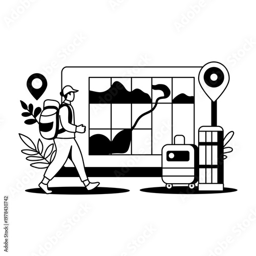 A glyph style illustration showing a person finding travel location 

