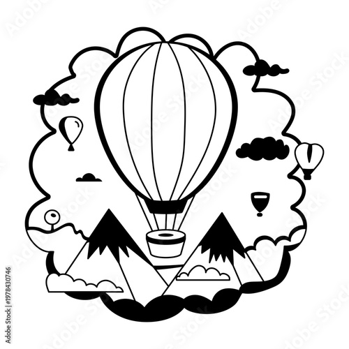 A glyph style illustration of air balloon adventure 