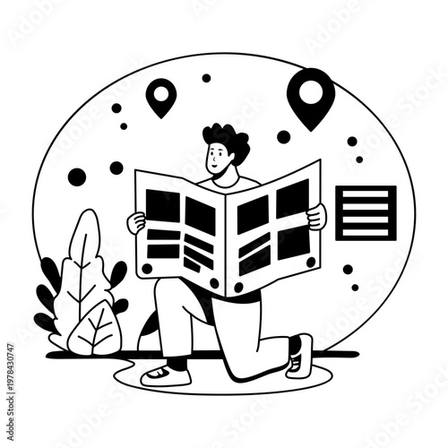 A glyph illustration shows a person studying a travel map, planning their next adventure

