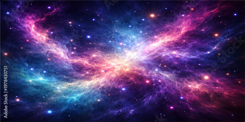 A deep blue abstract universe filled with glowing stars and a bright nebula field across a dark cosmos