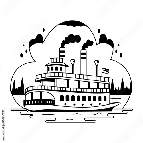 A glyph illustration shows a riverboat cruising down a river
