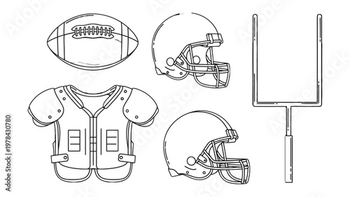 American Football Essentials: A detailed illustration showcasing the key equipment central to American football. An ode to the sport, detailing all the tools.