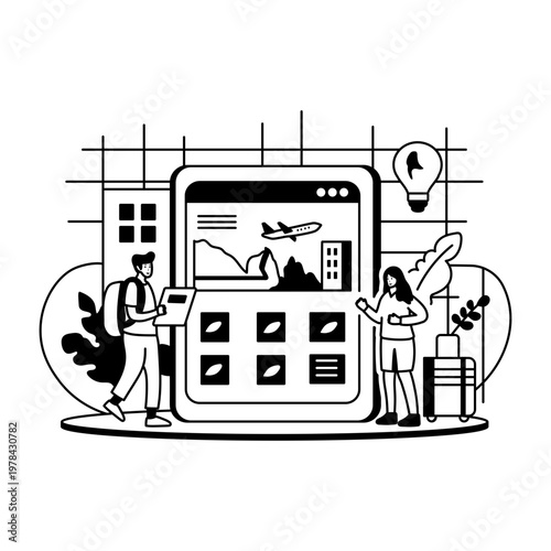 A glyph illustration shows a couple planning their trip using a digital device


