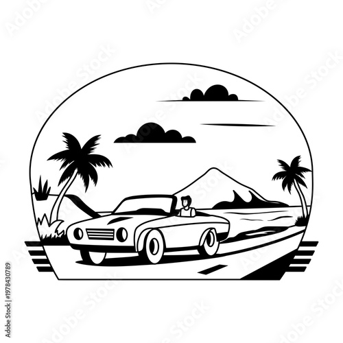 A glyph illustration shows a person enjoying a scenic drive in a convertible car

