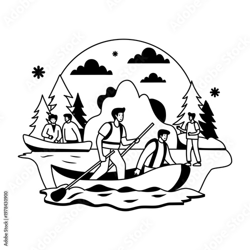 Group of friends enjoying kayaking, glyph illustration 


