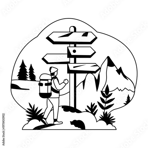 Sightseer with direction board, glyph character illustration 

