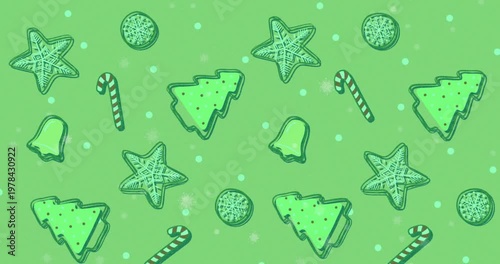 Animation of green christmas pattern with cookies and candies