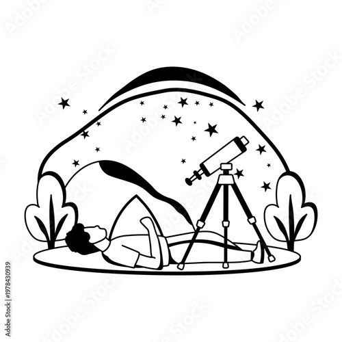 A glyph illustration shows a person lying on the ground, stargazing through a telescope

