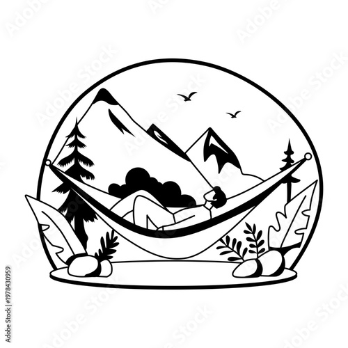 Person relaxing on hammock, glyph illustration 

