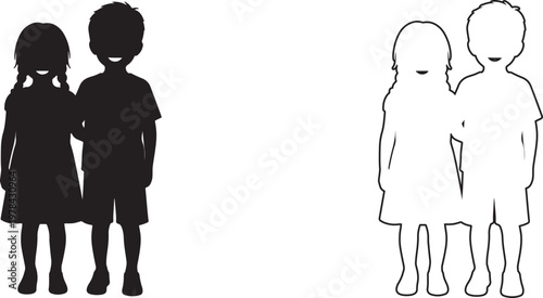 Boy and girl standing together, silhouette and outline vector graphics