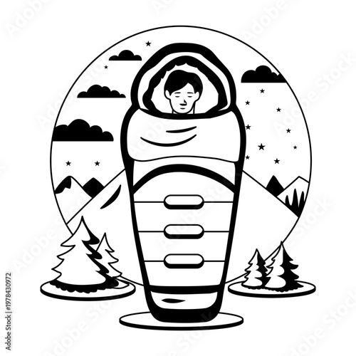 Person resting in a sleeping bag, glyph illustration 

