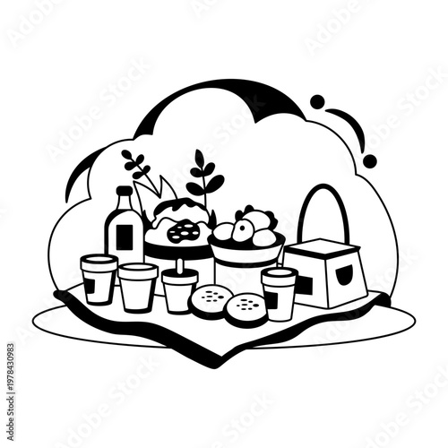 A glyph style illustration of picnic snacks 

