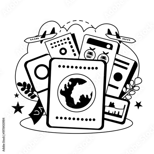 A glyph illustration shows a passport with travel related elements


