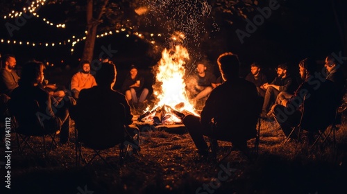Group of people sit around campfire at night
