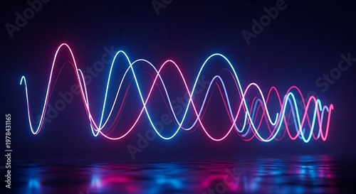 Glowing neon arcs in dark scene with blue and pink light waves reflecting on surface