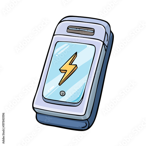 Stylized cartoon illustration of a portable power bank with a bright yellow lightning bolt symbol on screen