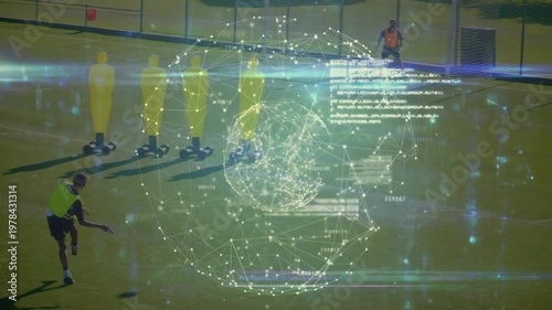 A determined soccer player is kicking the ball toward the goalpost in a digital animation