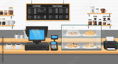 Flat lay of a bakery counter with a cash register and menu board on a white brick wall background